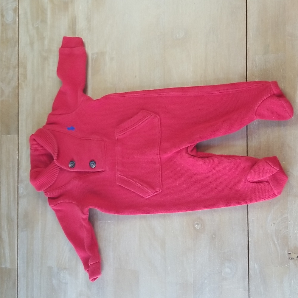 ♻️GUC Ralph Lauren Red Baby Knitted Shawl Collared long sleeve Onesie